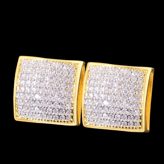 12mm Iced Out Square Stud Earrings (Gold, Silver, Two-Tone)